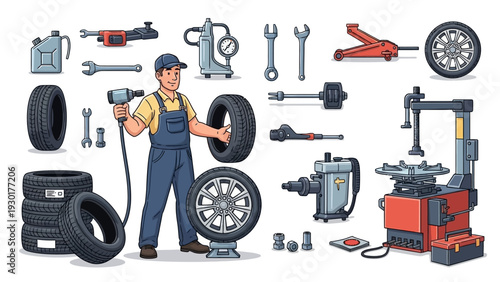 Mechanic servicing car tires with professional equipment