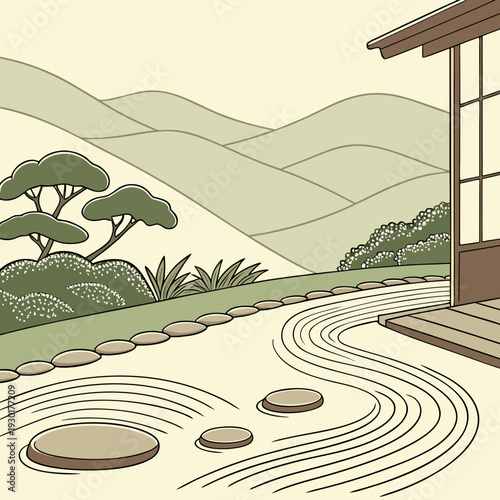 Serene Japanese zen garden illustration with raked sand, stepping stones, a traditional building, and minimalist hills in soft green and beige tones.