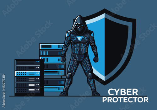 Cyber protector character standing with shield and data servers