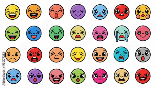 Vibrant colorful emoji set showing various emotions and expressions