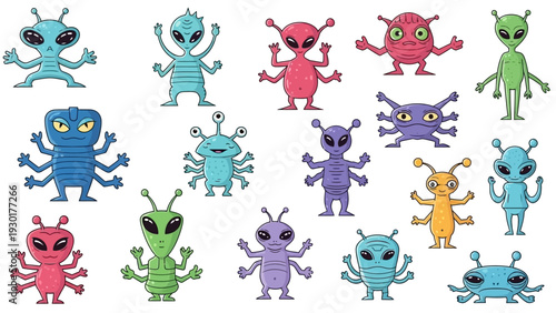 Colorful cartoon aliens collection in various poses and colors