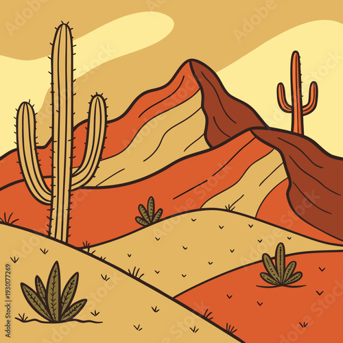 Stylized desert landscape with iconic saguaro cacti and rolling dunes in a warm palette of orange, red, and yellow, evoking a dry, arid environment.