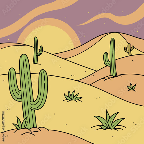 Charming cartoon desert scene at sunset with saguaro cacti, rolling dunes, and a setting sun in a retro-inspired color palette of yellow, orange, and purple.