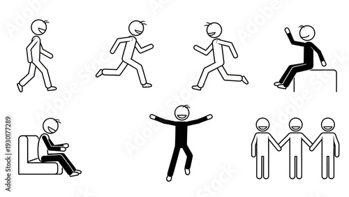 Happy stick figures exercising and celebrating together
