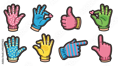 Colorful cartoon hand gestures with gloves and signs