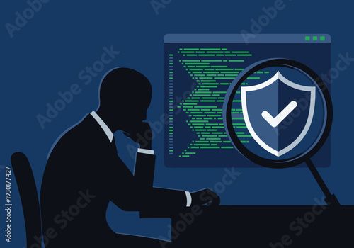 Silhouette of a businessman analyzing secure code on a computer screen