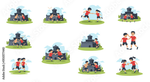 Cartoon Characters Near Castle Illustrations.