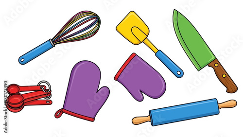 Colorful kitchen utensils and baking tools set