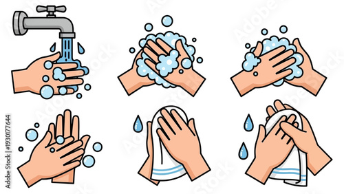 Vector graphic illustration depicting proper hand washing techniques with soap and water steps