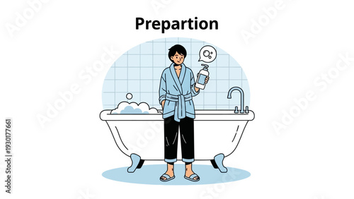 Man in a blue robe holding soap in a bathroom with a bathtub