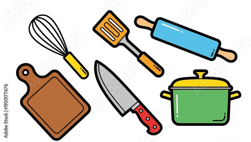 Kitchen utensils and cookware set illustration