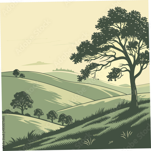 Expansive Countryside Panorama with a Grand Old Tree and Distant Hills Under a Pale Sky