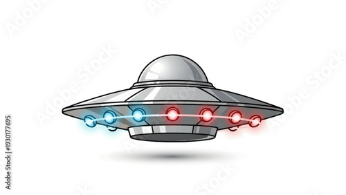 Cartoon UFO flying saucer with colorful lights on a white background