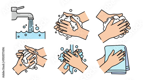 Vector graphic illustration of proper handwashing steps with soap and water