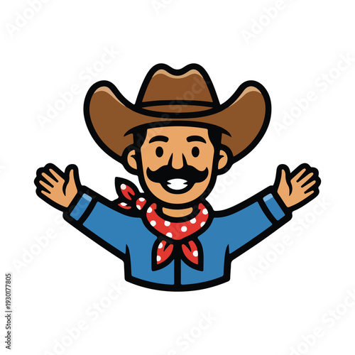 Intimidating bearded cowboy wearing a classic hat and bandana, rendered in a bold, retro mascot style, conveying ruggedness and western spirit.