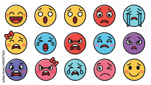 Colorful emoticon faces expressing various emotions in a vector graphic illustration design