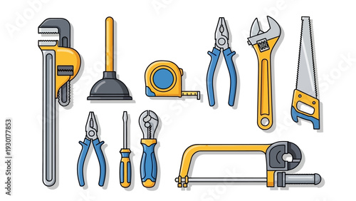 Colorful illustration of various hand tools and equipment for plumbing and repair work