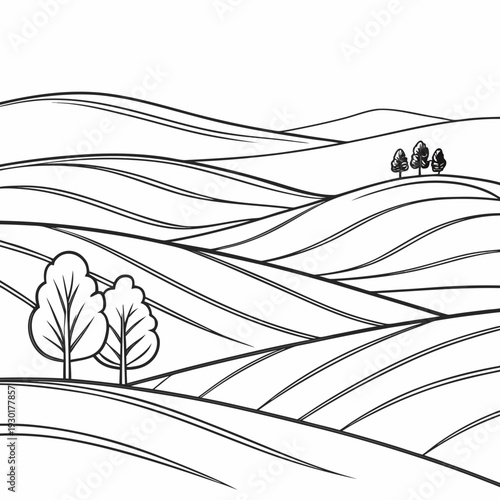 Abstract black and white illustration of rolling hills and stylized trees, offering a clean, modern design element.