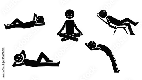 Black stick figures in various yoga poses and relaxation on white background