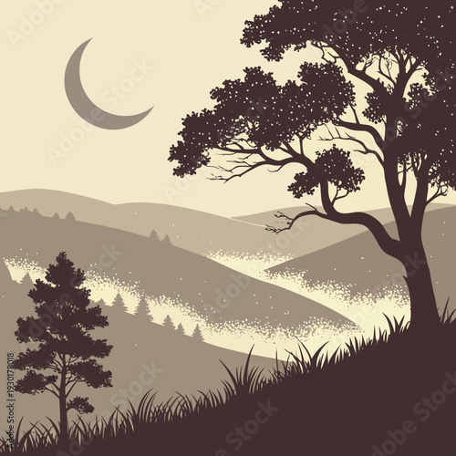Serene nighttime landscape illustration with a crescent moon over rolling hills and silhouetted trees.