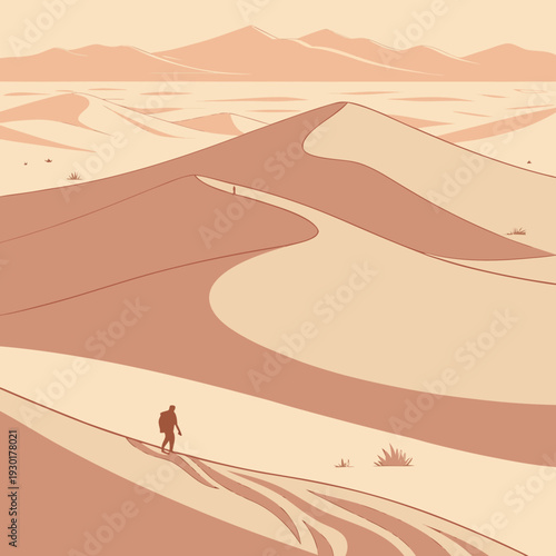 Solo traveler trekking across vast sand dunes in a desert landscape under a warm, hazy sun.