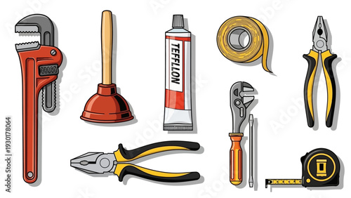 Colorful illustration of various plumbing tools and equipment on white background