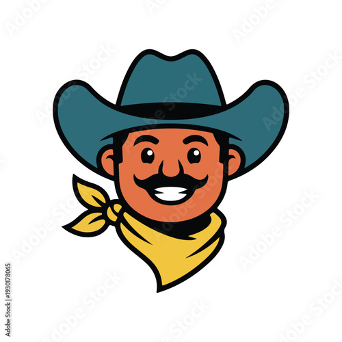 Emblematic Headshot of a Rugged Cowboy, Embodiment of the Wild West, Character Design with Bold Lines and a Serious Expression, Retro Americana Aesthetic