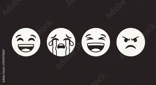 Emotions depicted through various facial expressions on white circular icons against a black background.