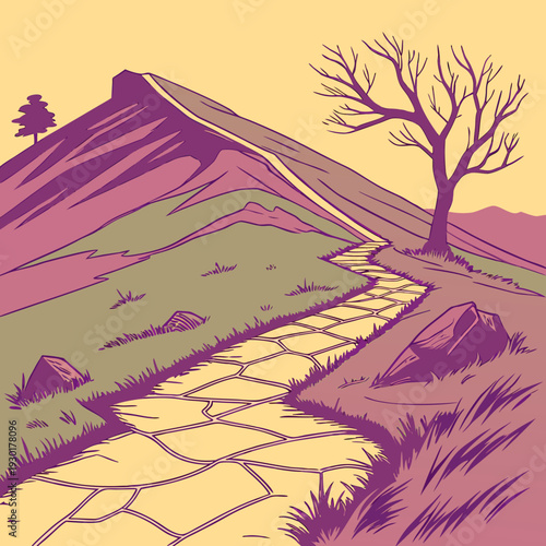 Stone pathway leading up a stylized hill towards a lone tree and mountaintop at sunset.