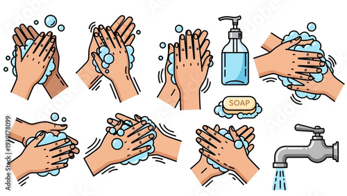 Washing hands with soap and water illustrated in various steps and techniques