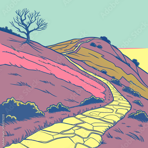 Winding stone path ascends rolling hills with sparse bushes under a vibrant sky at dusk.