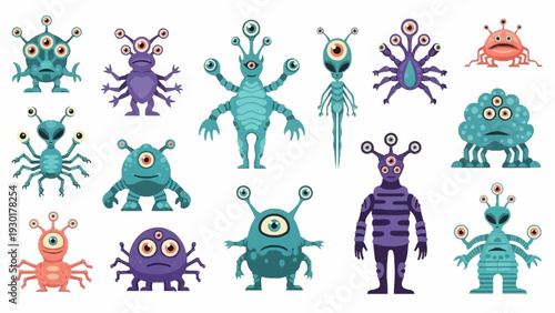 Colorful alien creatures with multiple eyes and various body shapes