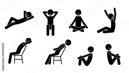 Stick figures performing various yoga and stretching exercises in black