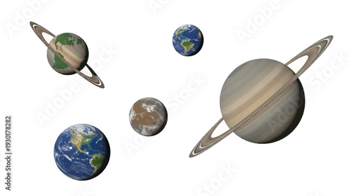 Planets and moons in solar system with Saturn like rings orbiting