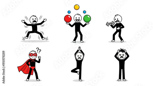 Cartoon people showing various emotions and actions with frustrated expressions