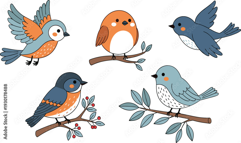 Obraz premium Cute cartoon bird illustration set perched on branches with leaves for spring nature themes, kids designs, nursery art, and playful vector artwork