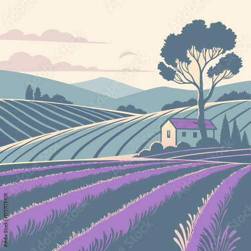 Obraz na płótnie Idyllic countryside scene with lavender fields, a quaint house, and silhouetted trees against rolling hills and a pale sky