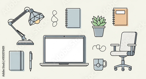 Office workspace essentials - laptop, desk lamp, chair, and stationery items.