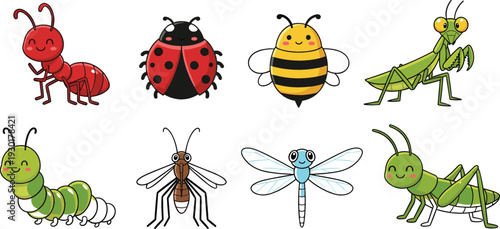 Cute cartoon insect illustration set featuring ant ladybug bee mantis caterpillar mosquito dragonfly and grasshopper for kids education, nature themes, and playful vector artwork