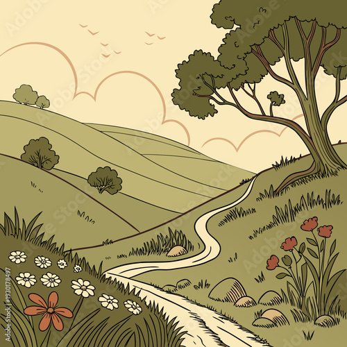 Charming rural landscape with rolling green hills, a winding dirt path, silhouetted trees, and cheerful wildflowers.