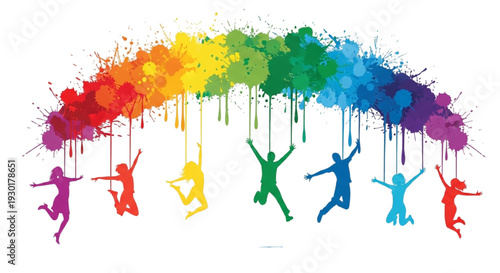 Happy Diverse People Jumping Under Colorful Rainbow Paint. Community, Youth, and Creative Fun.