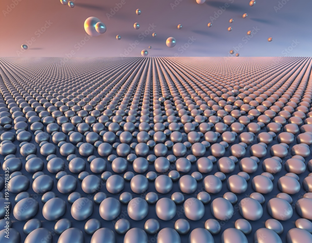 Fototapeta premium A surreal landscape of numerous metallic spheres arranged in a grid pattern under a vibrant sky
