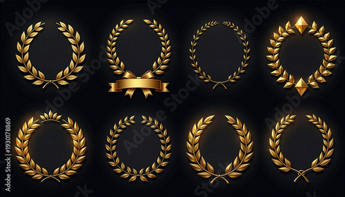 Luxury golden laurel wreath and emblem collection isolated on black background　黒背景に孤立した豪華な黄金の月桂冠とアワード用エンブレムのセット　イラスト