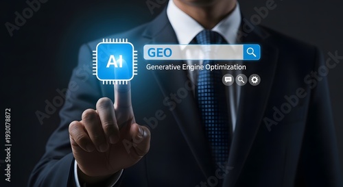 Businessman touching artificial intelligence geo generative engine optimization search bar on virtual screen concept