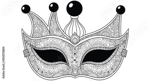 Mask carnival jester with ornate zentangle doodle patterns, black and white line art masquerade design for coloring