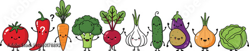 Cute cartoon vegetable character illustration set with tomato chili carrot broccoli onion eggplant cabbage for kids education, healthy food themes, and playful vector artwork
