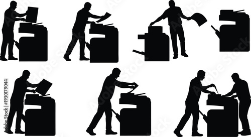 Office worker silhouettes, photocopy machine usage, printing documents, copying papers, business workflow, office tasks, workplace routine, corporate environment, productivity