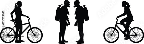 Active people cycling and scuba diving silhouettes set, outdoor sport adventure concept isolated on white background vector illustration