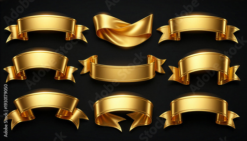 Luxury golden banner and ribbon set collection isolated on black background　黒背景に孤立した豪華な黄金のバナーとリボンのセット・コレクション素材　イラスト