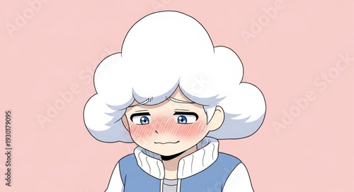 Anime character with cloud-like hair and a gentle expression, looking forward.